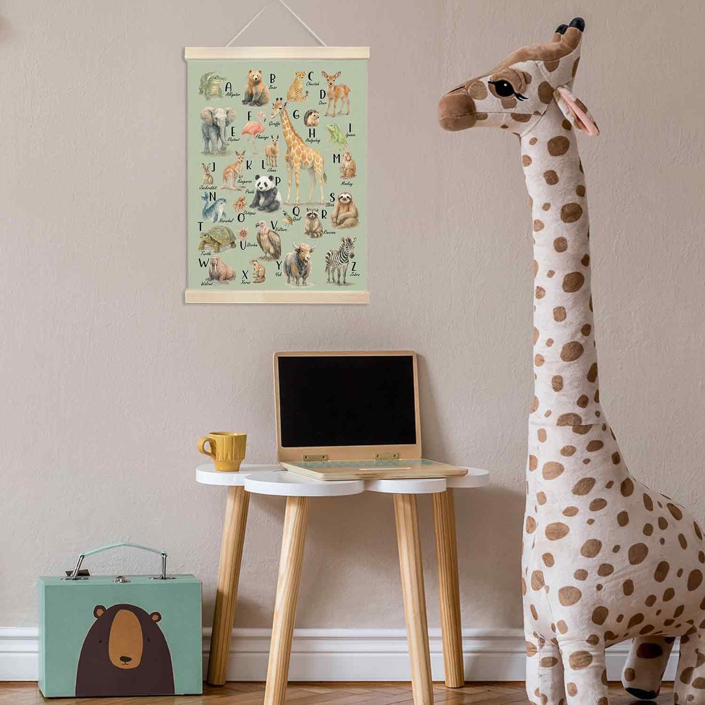Xmsaitar Classroom Animals Zoo Alphabet Poster Hanger Frame Wall Decor, Green ABC Prints for Wall Hanging Decor Art, Nursery Educational Banner for Kids Toddler Room Dorm Playroom Preschool 12x16in