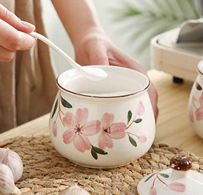 Ceramic Sugar Bowl, Flower Pattern Seasoning Jar with Lid Spoon, Sugar Pot