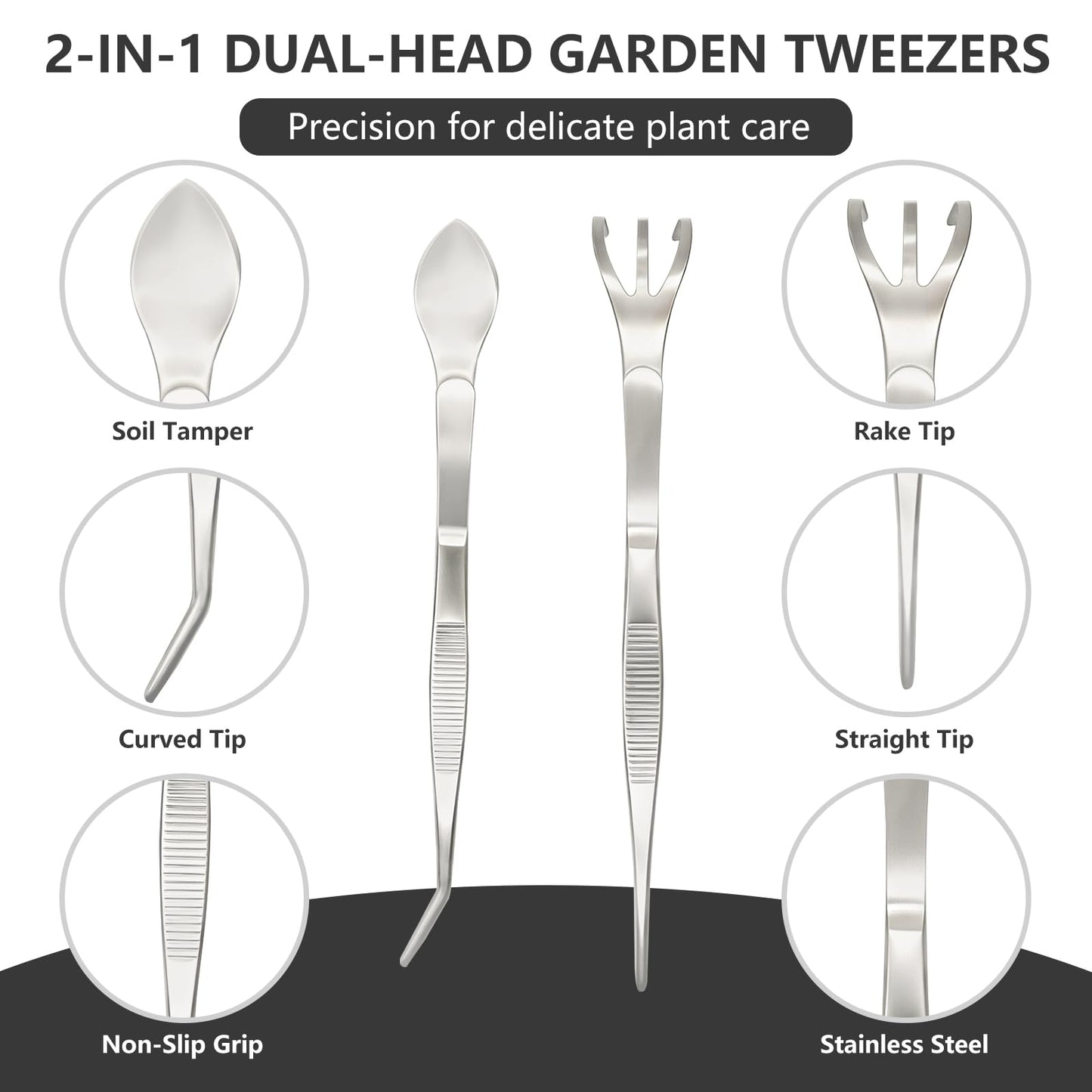 Ruatu 2 PCS Stainless Steel Garden Tweezers Set 2-in-1 Long Plant Tweezers Gardening Tools with 8.9" Curved Tine & 8.7" Straight Rake for Plants, Lawn, Bonsai, Succulents