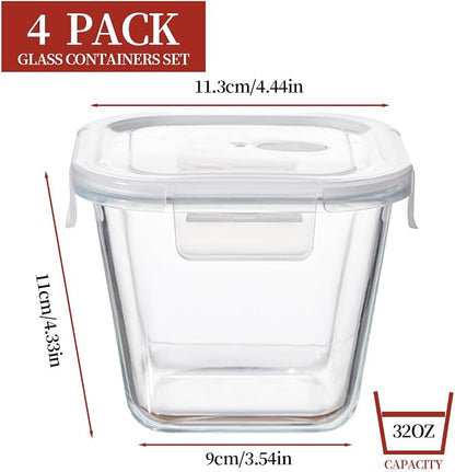 H.JSS WDJS 4 Cup Square Glass Food Storage Container with Lids, Square Glass Soup Container with Airtight Lids, 32 OZ Food Prep Bowls for Leftovers, Salad, Microwave、Fridge、Dishwasher Safe (4 Pack)