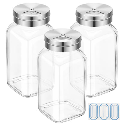 Segarty 6oz Spice Bottles with Stainless Steel Shaker Lids 3 Pack, 180ml Large Square Spice Jars for Salt Sugar, Adjustable Seasoning Storage Bottles with 3 Labels for Condiments Herbs Grains Storage