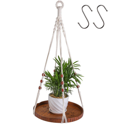 Hedume Macrame Plant Hanger with 2 Pack Ceiling Hooks, Indoor Outdoor Hanging Plant Holder with Large Tray for Succulents, Cacti, Small Plants, Boho Bohemian Home Decor with Wood Beads