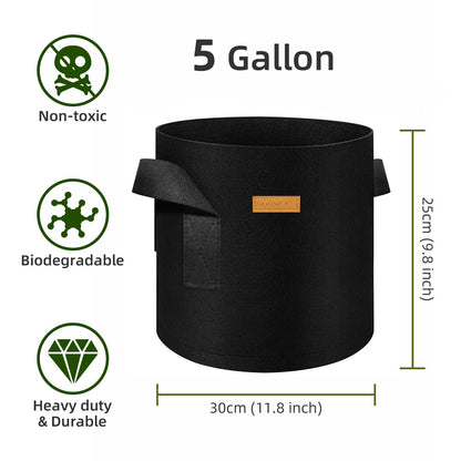 WHATWEARS 12-Pack 5 Gallon Plant Grow Bags, Thickened Nonwoven Fabric Pots with Handles, Vegetable Planter Bags Containers, Cloth Planters for Garden Vegetable/Flower/Plant/Fruits Outdoor (Black)
