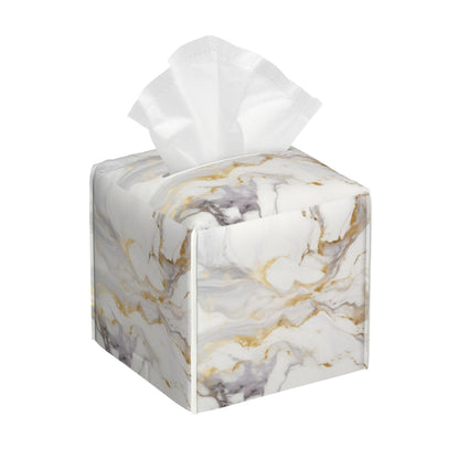 White Gold Marble Tissue Box Cover Square, Modern Abstract Marble Texture Tissue Box Holder Waterproof Leather Facial Paper Organizer Dispenser for Bathroom Home Car Nightstand Vanity Desk