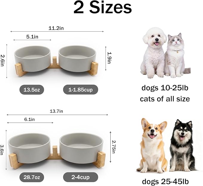 MateeyLife Ceramic Dog and Cat Bowls with Stand, 2-Pack Food and Water Bowl Set - Non-Slip Pet Bowls for Small & Medium Size Dogs，28.7OZ(Grey)