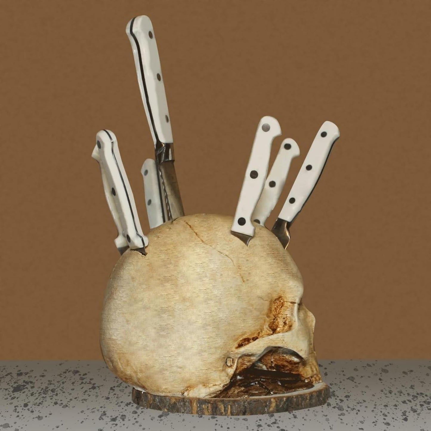 Skull Knife Holder for Kitchen: A Skeleton Knife Stand Doubling as Horror - Themed Kitchen Storage Head Rack. Ideal for Scary Party Decor, 15CM/5.9IN, Beige