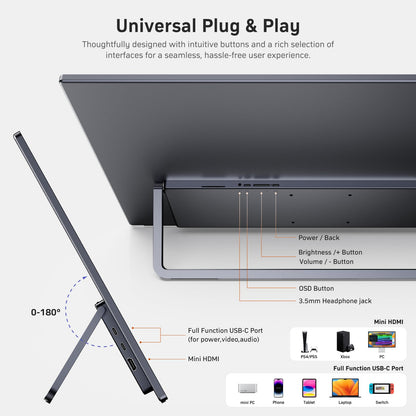 MNN 23.8'' Portable Monitor 100Hz 1080P IPS, Ultra Slim Metal Body with Built-in Kickstand & Dual Speakers, USB-C HDMI External Display for Laptop PC Phone PS5 Xbox Switch, Home Office Gaming Monitor