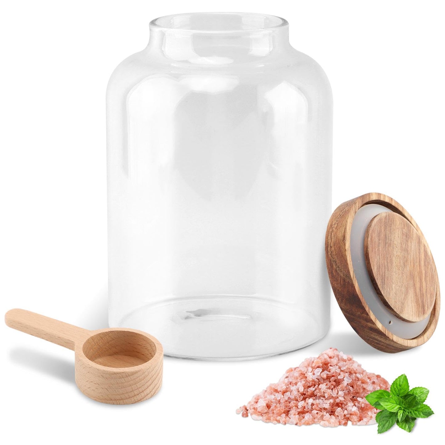 Saycker Bath Salts Glass Jar, Bath Salt Container with Wooden Lid and Scoop, Airtight Storage Jar, Glass Food Storage Jars for Home Decor,Tea,Spice,Cereal, Egg,Flour,Coffee(73 oz,Clear)