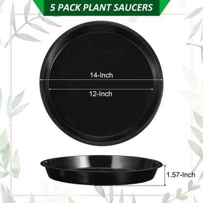 PATIKIL 5 Pack Plastic Plant Saucer, 14 Inch Plant Tray for Pots Round Plant Dish Plant Drip Trays Water Tray for Indoors Outdoors Garden, Black