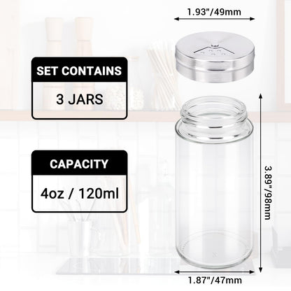 Segarty Spice Jar, 3 Pack 4 oz Glass Spice Jars with Shaker Lids, Clear Seasoning Organizer Spice Containers with Adjustable Pour Holes for Kitchen Cabinet, Salt Shakers with Stainless Lid