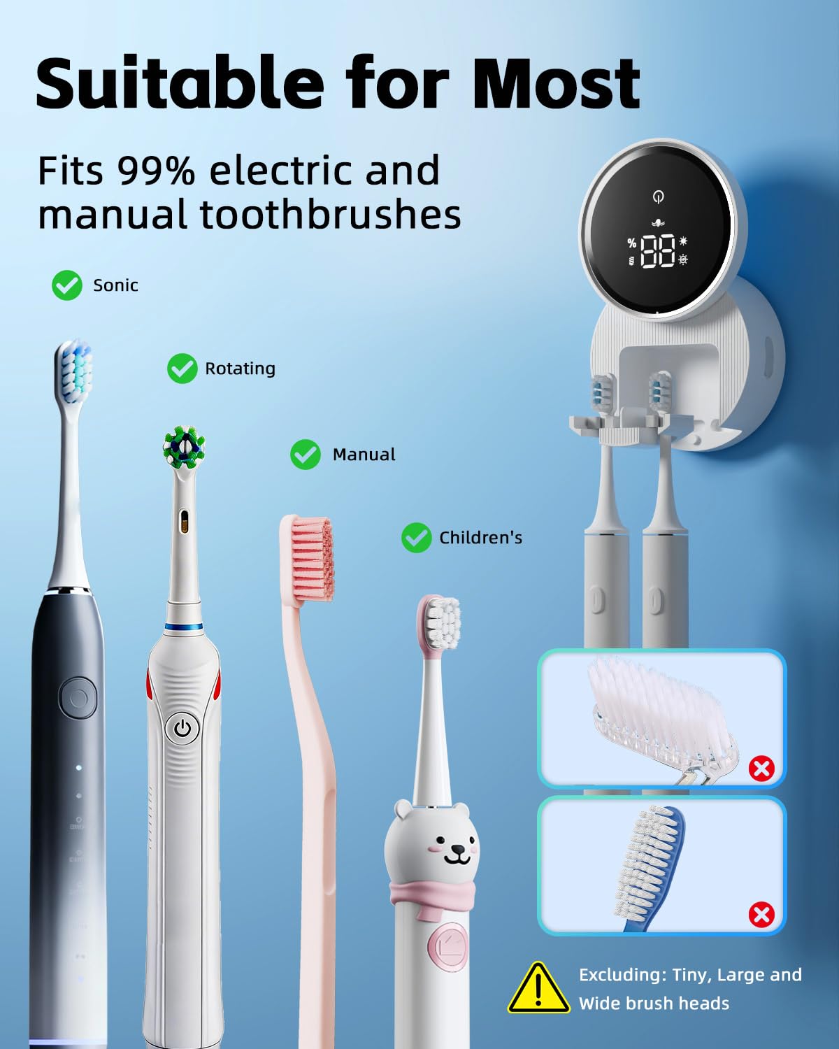 Toothbrush Holders for Bathroom, WONICO Toothbrush Sanitizer Holder, Tooth Brush Wall-Mounted Cleaner Organizer with Auto-Inductive Cover, Air Drying Fits Most Electric, Manual and Kids’ Toothbrushes