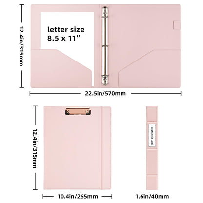 Ospelelf 3 Ring Binder with Clipboard 1 Inch Leather Binder for Letter Size (8.5" x 11"), Clipboard Binder with 5 Tab Dividers for School, Office, Pink