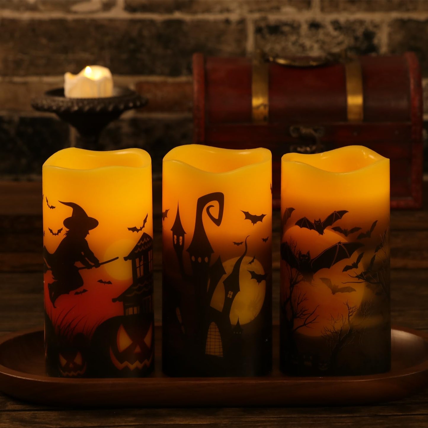 OWLBAY Set of 3 Halloween Flickering Flameless Candles with Remote and Timer, Real Wax Battery Operated LED Pillar Candles Assorted Decals Witch, Bats, Castle for Holiday Decor (D 3" H 6")