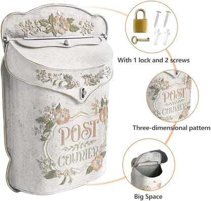 BIG FORTUNE Wall Mount Mailbox for House Outside Vintage Metal Door Mailbox Antique Style Nostalgic Charm Home Decor Garden Vintage English Cottage Decor Flower Patter
