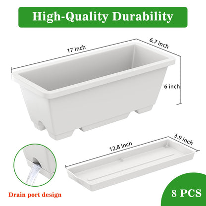 8pcs Rectangle Window Boxes Planters, 17 Inches Long Window Sill Planter Box Outdoor, Plastic Rectangular Window Flower Herb Pots Indoor with Drainage Holes and Trays for Garden Windowsill Light Grey