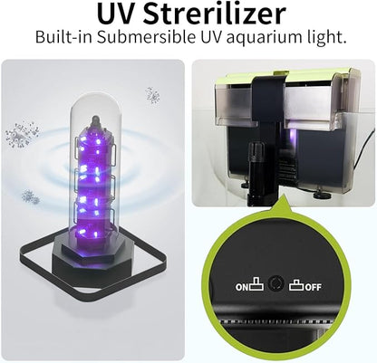Aquarium Filter- 4 in 1 Double Waterfall U-V Fish Tank Filter for Green Water & Algae Clean, 8W Quiet Hang on Filter Adjustable Flow (UV Filter)