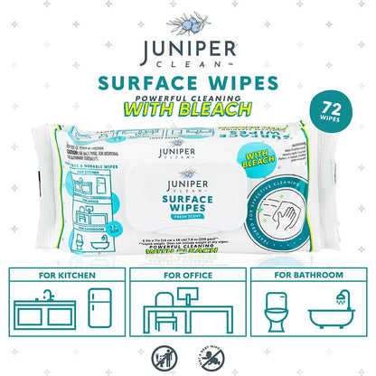 Juniper CLEAN 6 Pack Surface Cleaning Wipes with Bleach, All-Purpose Cleaner for Bathroom, Kitchen, Office, 72 Count Soft Flow, Fresh Scent, Lint Free & Durable