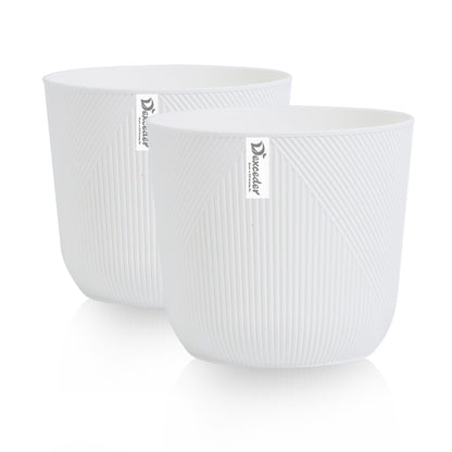 Dexceder 10x9 Striped Table Flower Plant Pot with Drainage Hole & Removable Plug (2 Pack, White)
