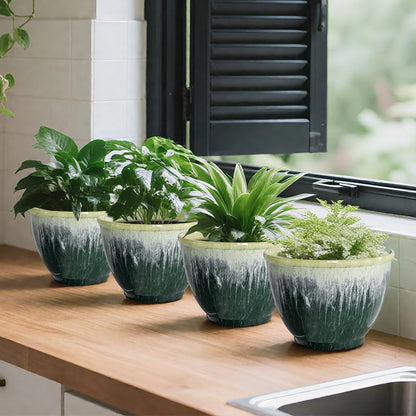 Flower Pots, 8 Inch Plastic Plant Pots for Plants, Set of 4 Planter for Indoor Outdoor Plants with Drainage Hole, Sleek Small Nursery Planting Pot for Home Garden Outdoor Planters(Green Glaze)