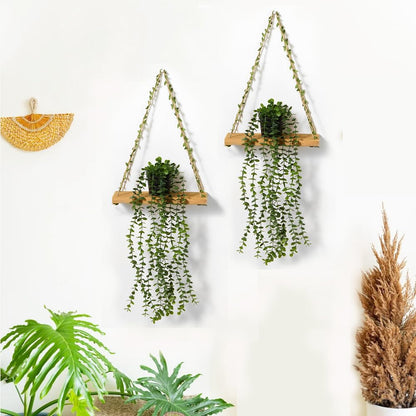 Mokof 2 Pack Wooden Hanging Shelves with Artificial Eucalyptus Plants Wall Decor for Living Room, Bedroom, Bathroom - Fake Hanging Plant and Wood Wall Shelf Set for Boho Farmhouse Home Decor