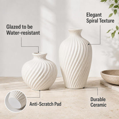 White Ceramic Vase Set of 2 - Modern Flower Vases for Home Decor - Rustic Textured White Vase for Living Room Decor - 8.65×5.5 & 5.5×5.5 Inch Round Vases for Dining Table Centerpiece Decoration