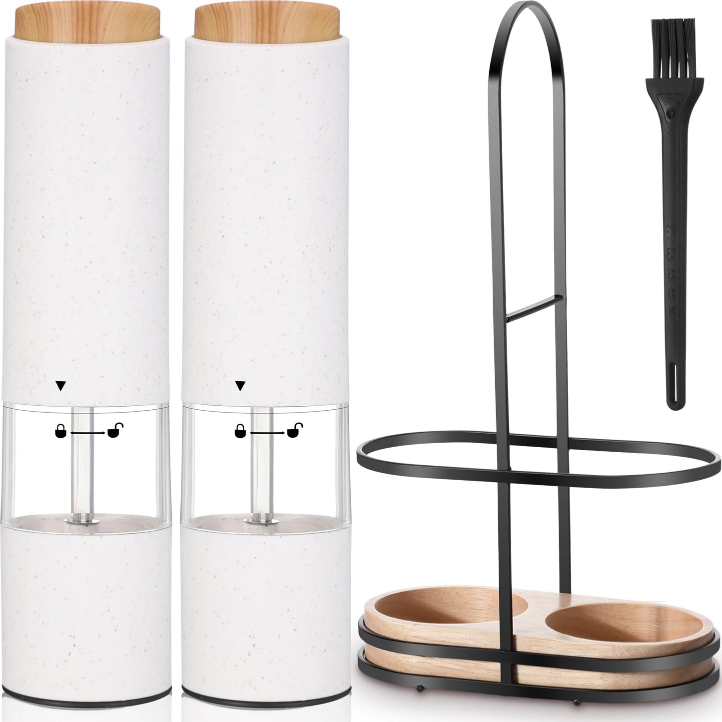 Threlaco Electric Salt and Pepper Grinder Set with 1 Portable Spill Proof Base 2 Packs Battery Operated Salt Pepper shakers with Adjustable Coarseness Light Wheat Straw Grinder for Kitchen(White)