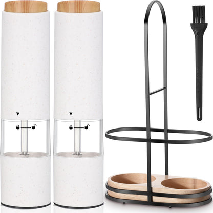 Threlaco Electric Salt and Pepper Grinder Set with 1 Portable Spill Proof Base 2 Packs Battery Operated Salt Pepper shakers with Adjustable Coarseness Light Wheat Straw Grinder for Kitchen(White)