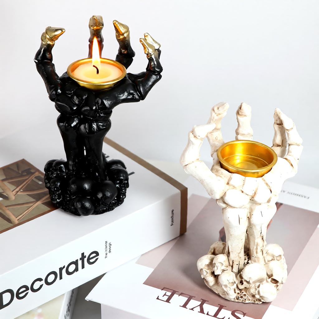 Halloween Gothic Skeleton Hand Candle Holder – Resin Skeleton Hands Decor for Rings, Necklaces, Bracelets, and Taper Candles – Spooky Skull Hand Organizer & Dark Home Office Decoration (White)