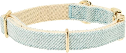 Luxury Soft Cotton Tweed Fabric Dog Collar & Leash Set with Gold Buckle – Durable Fabric, Stylish Design for Everyday Walks(Medium LtBlue)