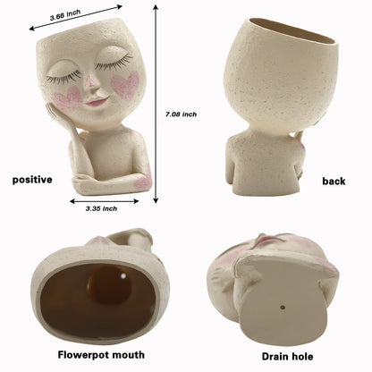 UMESONG Smiley Face Flower Planters Pots for Indoor Plants Resin Head Planter with Drainage Hole One Hand Hold Cute Face Succulent Pots with Closed Eyes for Outdoor Garden Planter (Light)