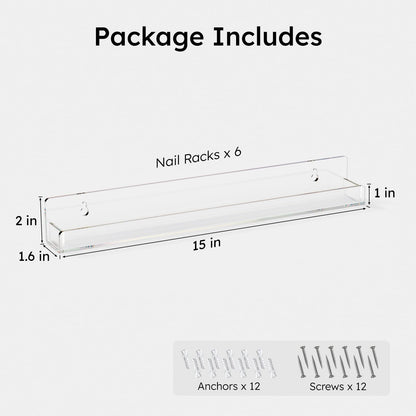 FEMELI Nail Polish Wall Rack: 6 Shelves 15 Inch Clear Acrylic Nail Polish Organizer for 66-90 Bottles Multi-Purpose Acrylic Floating Shelves (15 Inch, Clear)