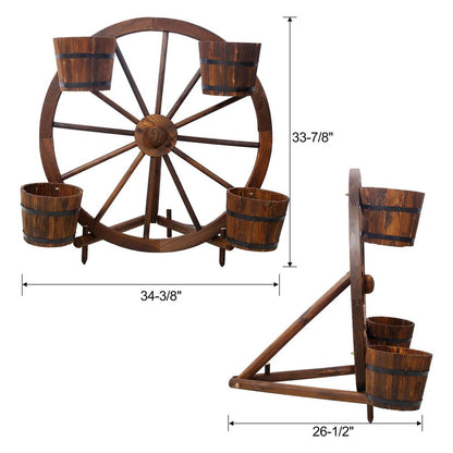 CWKISS Rustic Wooden Wagon Wheel Barrel Planter – Fir Wood Outdoor & Indoor Garden Cart Planter with 4 Metal-Banded Barrels, Decorative Flower Display for Patio, Porch, Yard, or Home