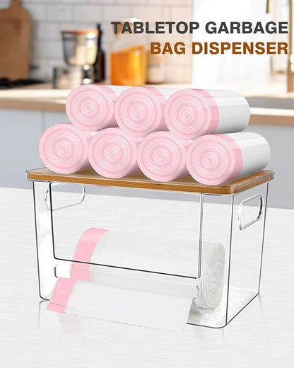 Trash Bag Dispenser 2 Pack - Under Sink Organizer, Plastic Bag Holder, Stackable Acrylic Garbage Bag Storage with Bamboo Lid for Kitchen Cabinet, 13/30/33 Gallon Grocery Bag Dispenser