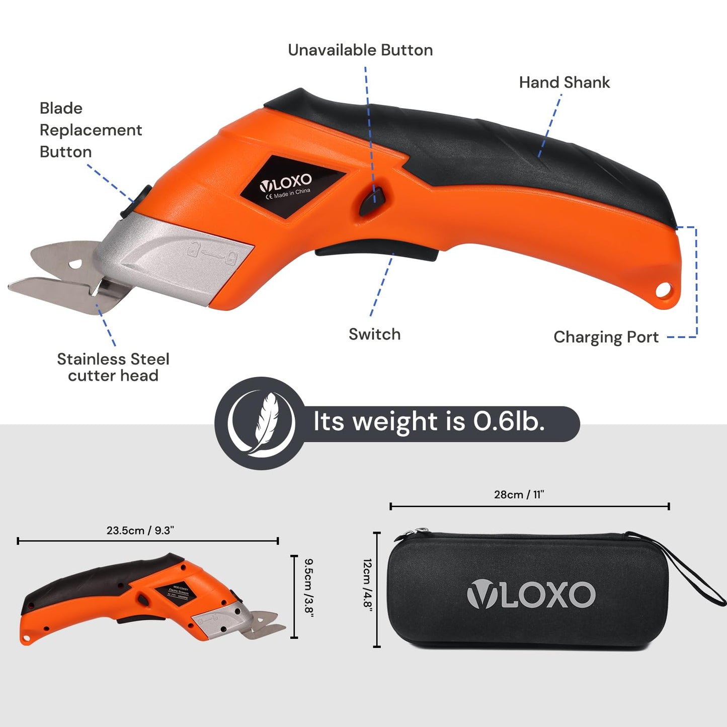 VLOXO Cordless Electric Scissors, Cardboard Cutter Super Scissors Box Cutter with Blades Rechargeable Powerful Fabric Tool for Crafts Leather Carpet Plastic Felt Include Case Orange CS4001