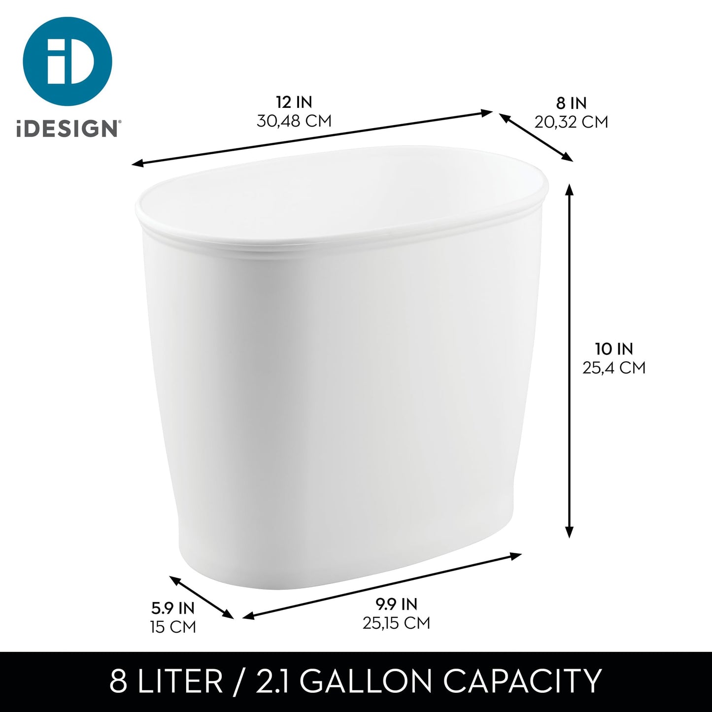 iDesign Slim Plastic Bathroom Trash Can, Small Garbage Bin for Bedroom, Office, Desk, Dorm, White