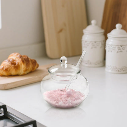 Frcctre Set of 2 Glass Sugar Bowl with Spoon and Lid, 11 Ounces Small Clear Salt Spice Pepper Seasoning Jar Condiment Container for Home Kitchen Coffee Bar