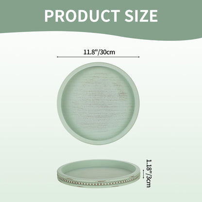 Hanobe Sage Green Tray Decor: Round Decorative Tray for Coffee Table Centerpiece - Wooden Candle Plate Holder for Rustic Farmhouse Home Living Room Kitchen Counter