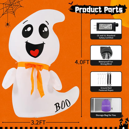 GOOSH 4 FT Halloween Inflatable Cute Ghost Outdoor Decorations Blow Up Yard Ghost with Built-in LEDs for Indoor Garden Lawn Party Decor