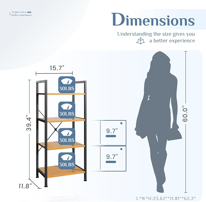 DUMOS 4 Tiers Open Bookshelf, Classic Freestanding Tall Display Shelf, Multifunctional Storage Organizer Rack for Living Room Home Office, Sturdy Bookcase for Books/Movies, Wood
