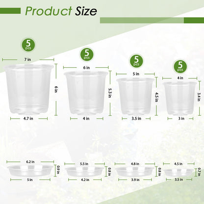 FUIJOL 4/5/6/7 Inch Clear Nursery Pots for Plants with Sacuers 20 Pack, Plastic Flower Pots with Drainage Holes, Variety Pack Seedlings Garden Pot for Indoor Outdoor (4+5+6+7 inch)