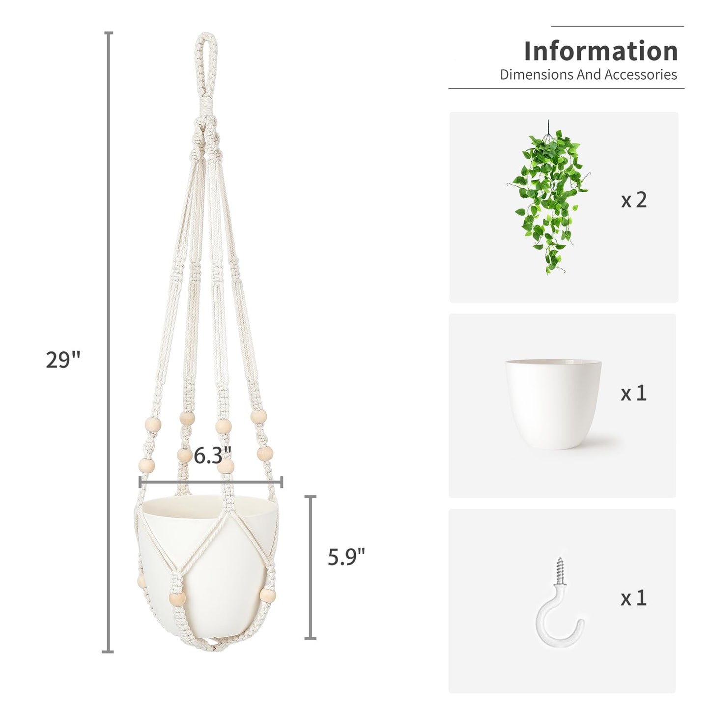 Mkono Fake Hanging Plant with Pot, Artificial Plants for Home Decor Indoor Macrame Plant Hanger with Fake Vines Greenery for Bedroom Bathroom Kitchen Office Decor, Ivory (Pothos)