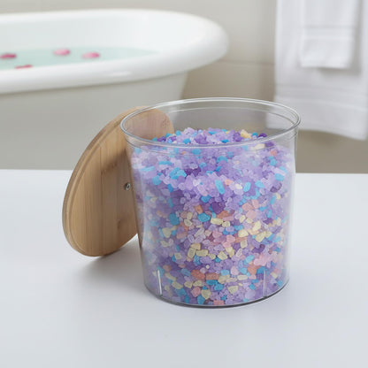 Yomjarl Bath Salt Container,2 Pack Clear Plastic Storage Bathroom Canisters with Wooden Lids & Handle,Airtight Bath Salt Dispenser Jars for Bathroom Organization Accessories,Bathtub Decor Box- Round