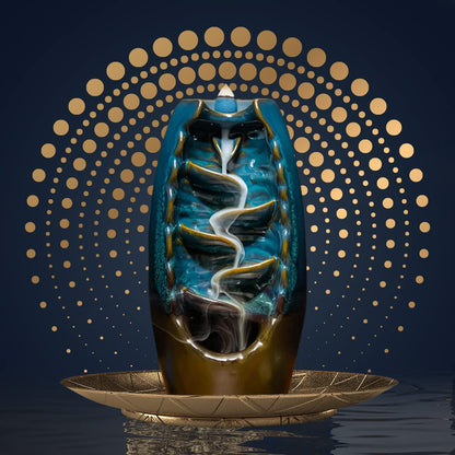 Inscents Waterfall AS-SEEN-ON-TV Ceramic Incense Holder Cone Burner with Backflow Design Ornament Home Decor Aromatherapy for Spa Office Bedroom Yoga +100pcs Essential Oil Dipped Scented Incense Cones