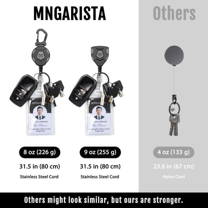 MNGARISTA Heavy Duty Retractable Keychain, Belt Clip Ver. & Carabiner Ver., 9 oz Retraction, 31.5" Steel Rope, Tactical ID Badge Reel with Key Chain Retractor, 2-Pack