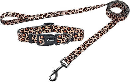Dog Collar Leash Set, Leopard Pattern, Polyester Material, Adjustable Collar and 5ft Matching Leash, for Medium Dogs.(M, Yellow Leopard)
