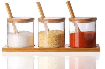Lawei Set of 3 Condiment Jar with Lids and Spoons - Glass Sugar Bowls Sugar Salt Container Set for Sugar Serving Spice Salt