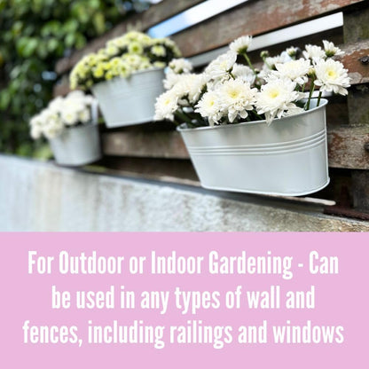 LaLaGreen Rail Planters for Outdoor (6 Pack, 11.2 Inch) White Metal Iron Hanging Flower Pots, Deck Railing Strawberry Planter Fence Bucket Wall Mount Window Box Plant Holder with Hooks Porch Decor