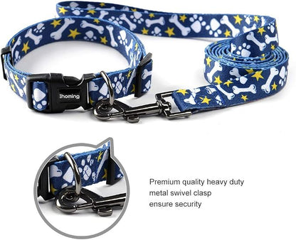 Ihoming Dog Collar and Leash Set for Daily Outdoor Walking Running Training, Bone Design for Medium Boys Girls Dogs Cats Pets, M-Up to 45LBS