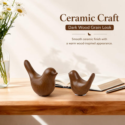 WhimWove 2 Pcs Ceramic Bird Figurines with Dark Wood Grain Look, Small Bird Statues for Home Decor, Modern Animal Sculptures, Shelf Decor, Bookshelf Decor, Tabletop Decorations for Living Room Office