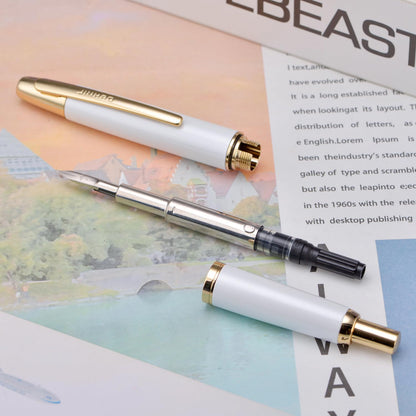 Jinhao 10 Press Fountain Pen with Box, Pearl White Retractable Extra Fine Nib with Ink Converter Set (Golden Clip)